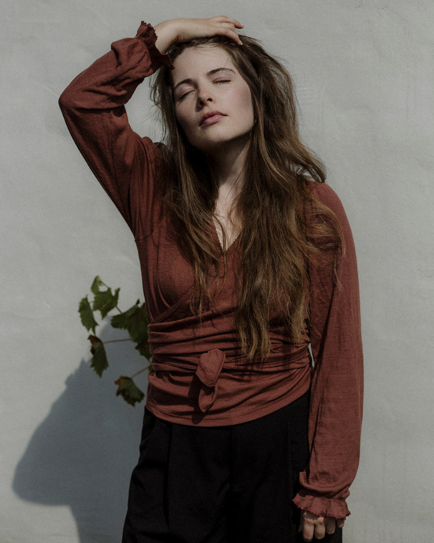 Unaduna blouse wol zijde pointelle henna dune