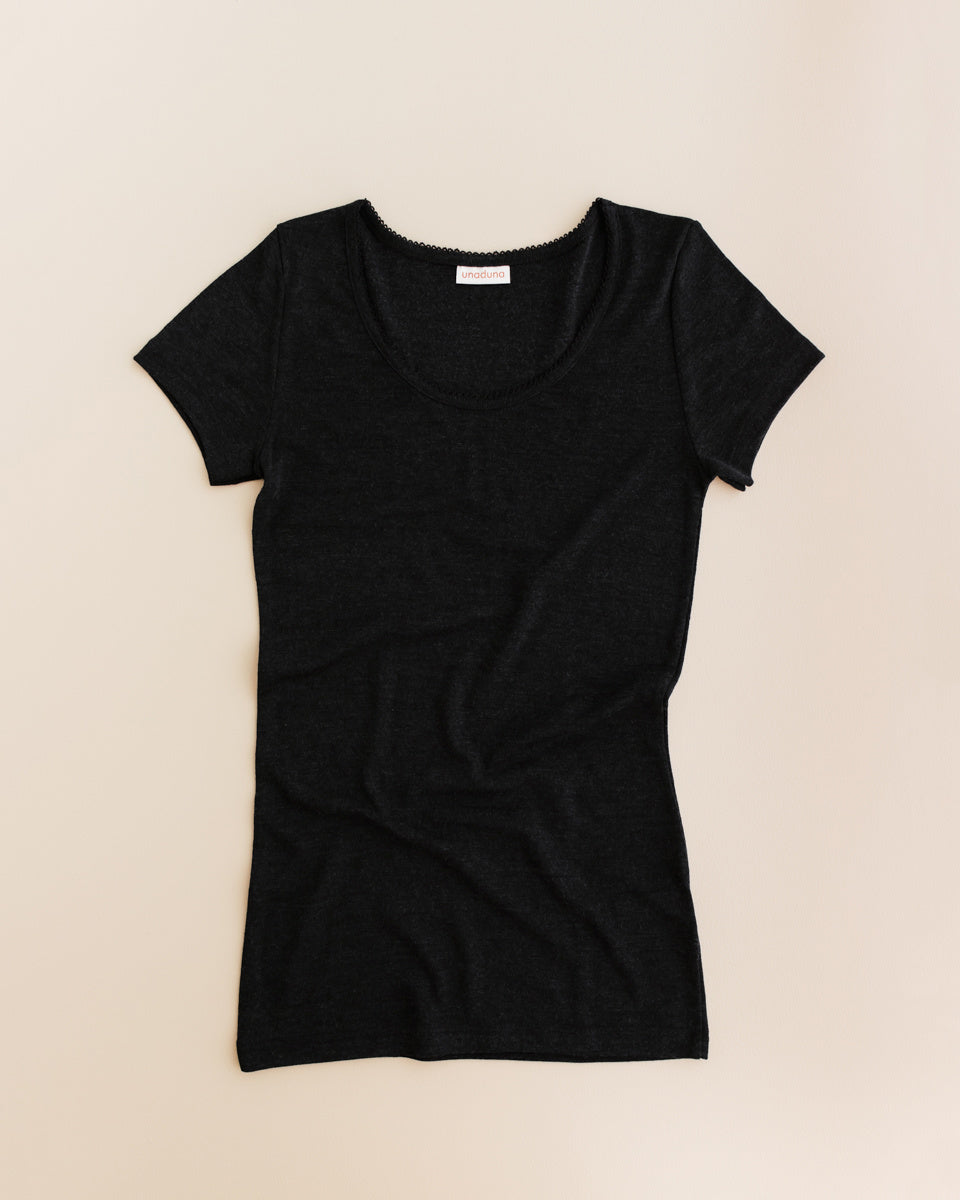 unaduna Dameshemd short sleeves pointelle wol:zijde - ebony